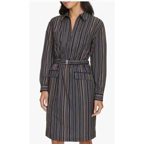 Calvin Klein Womens Black Tan Stripe Zip Up Collar Long Sleeve Sheath Dress Sz 4 - Picture 11 of 12